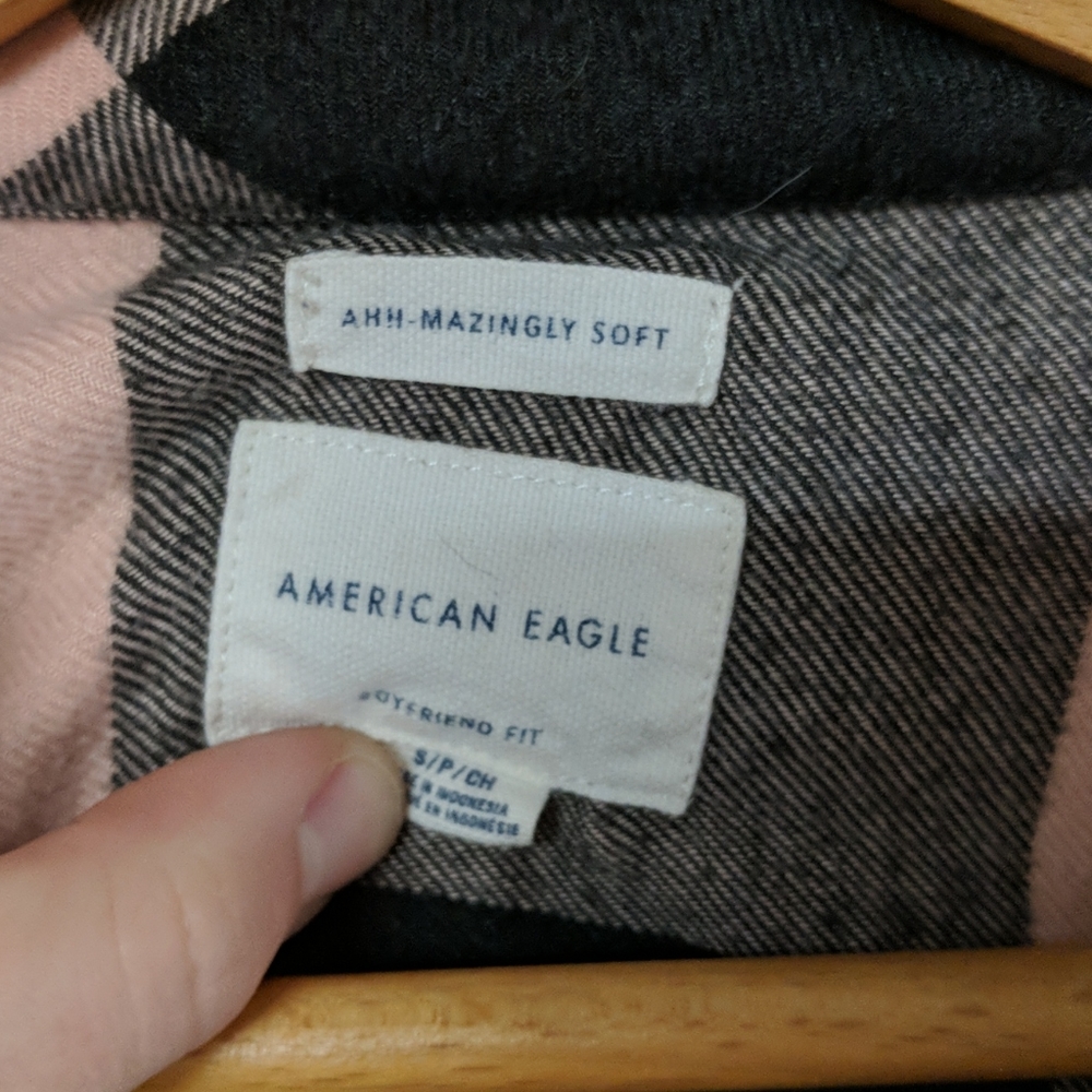 AE light pink & black plaid button down - Picture 2 of 4